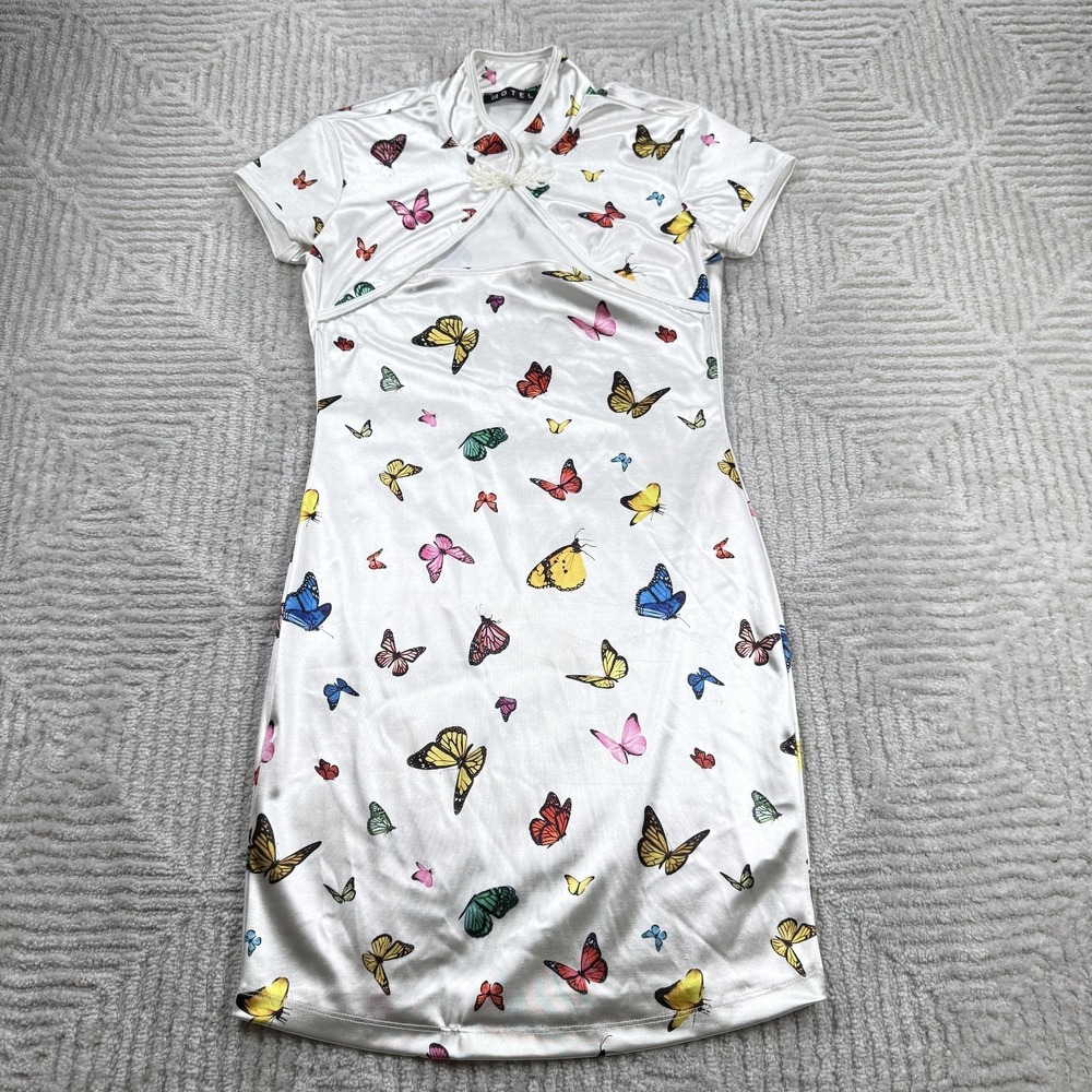 Motel Dress Womens M White Butterfly Satin Bodycon Cutout Mini Club Party Y2K